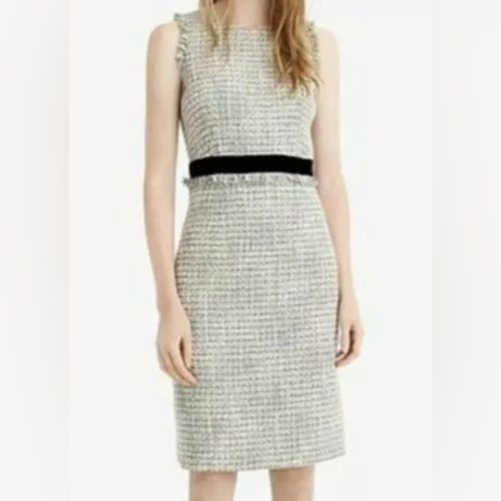 J Crew Sparkling Grey Metallic Tweed, Fringe, & Velvet Sheath Dress Size 8 Tall